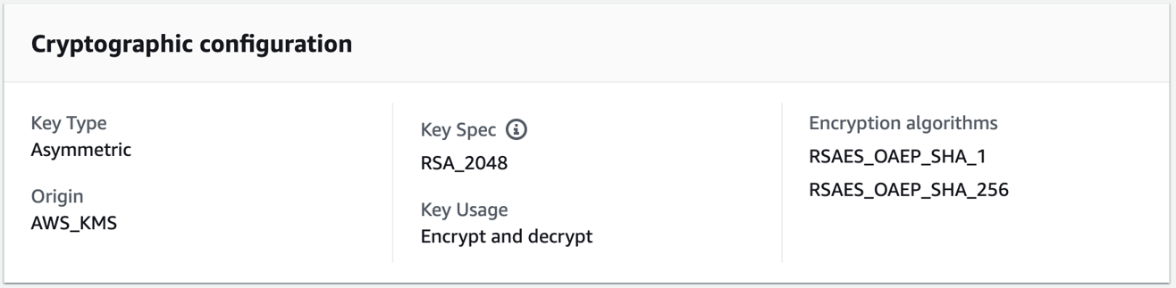 Figure 4: Cryptographic properties of an RSA key managed by AWS KMS