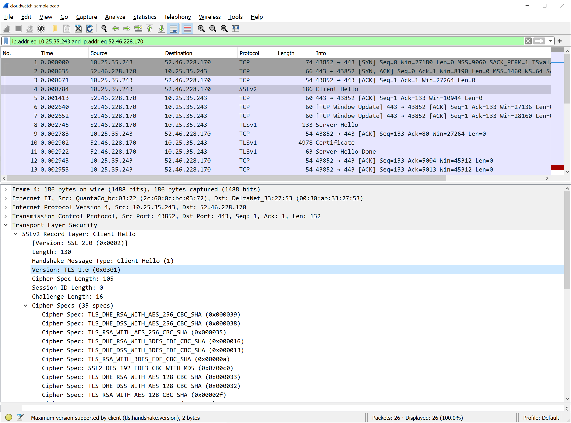 Figure 2: After the conversation filter has been applied, select the Client Hello packet in the top pane. Expand the Transport Layer Security section in the lower pane to view the packet details and the TLS version. 