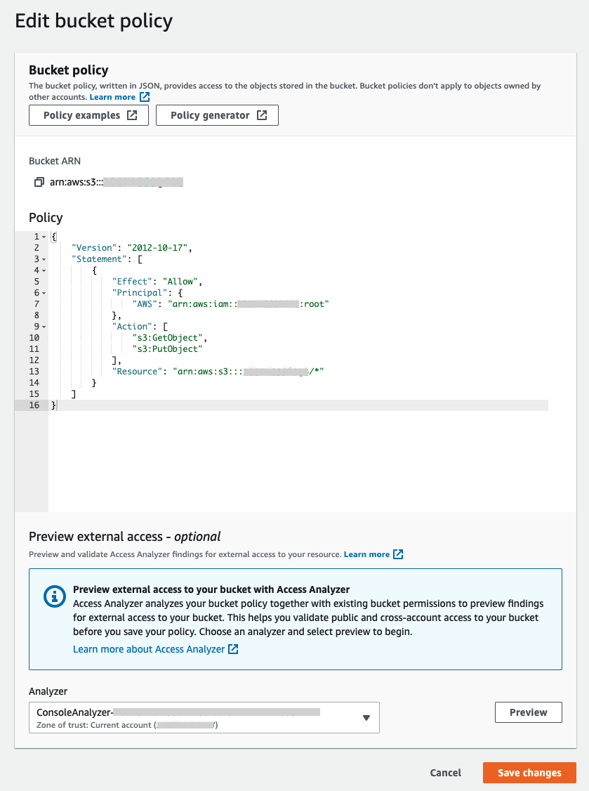 Figure 1: Preview access to your S3 bucket in the S3 console