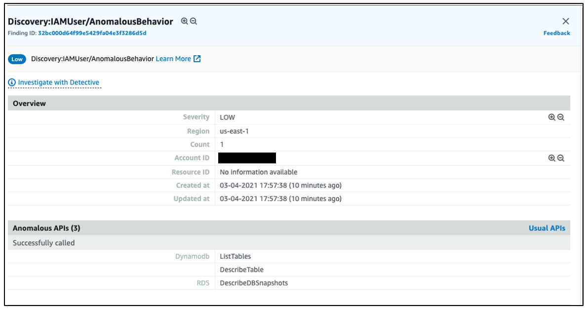 Figure 1: Discovery:IAMUser/AnomalousBehavior finding Anomalous APIs section view