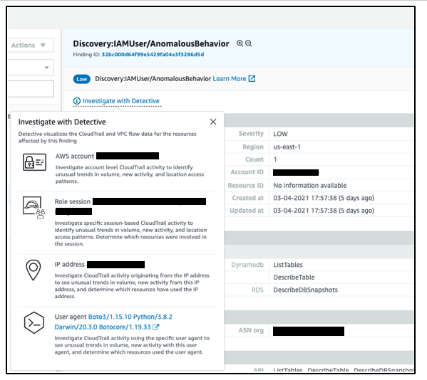 Figure 7: Discovery:IAMUser/AnomalousBehavior launching an Amazon Detective investigation