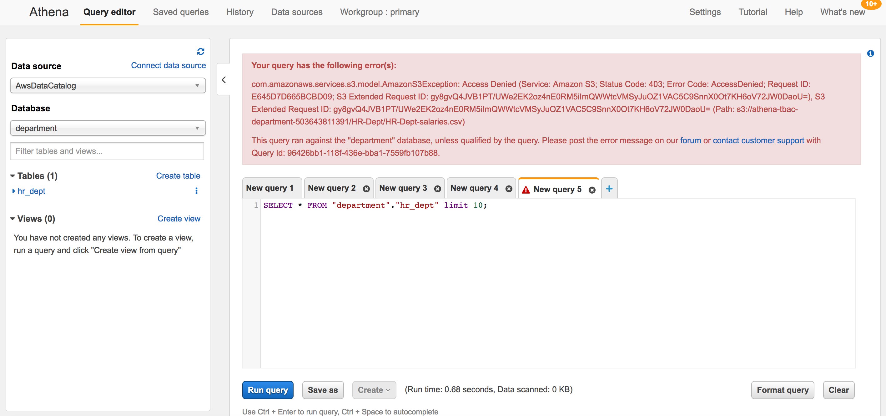 Figure 5: Failed Amazon Athena query