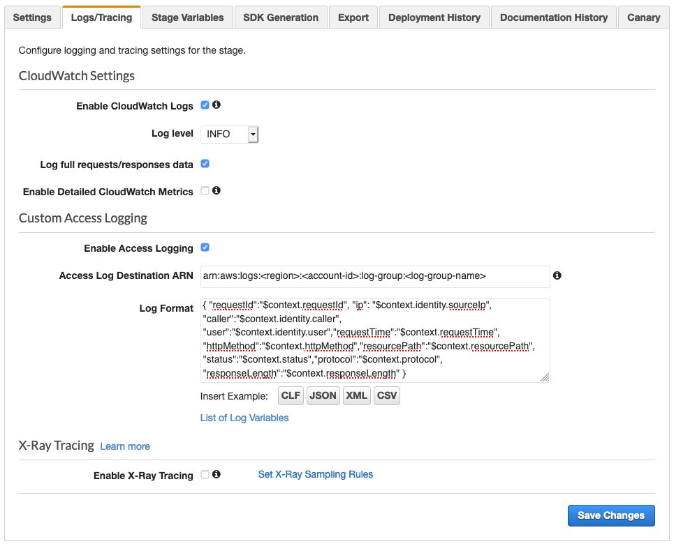 Figure 13: Enable access logs in the API Gateway console