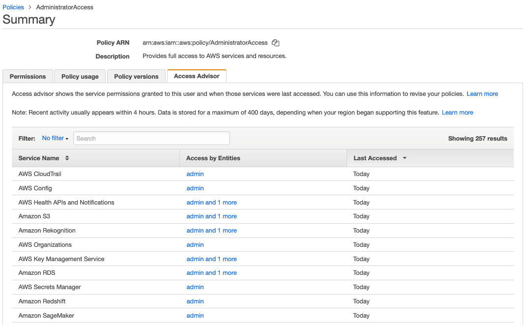 Figure 6: Access Advisor displaying AdministratorAccess managed policy 