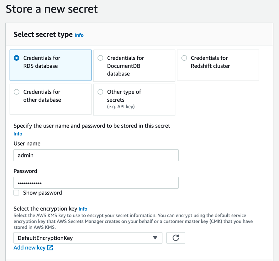 Figure 8: Storing credentials for an RDS database in the Secrets Manager console