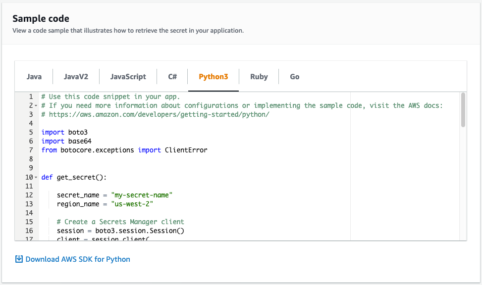 Figure 9: Sample code in the Secrets Manager console to retrieve your secret 