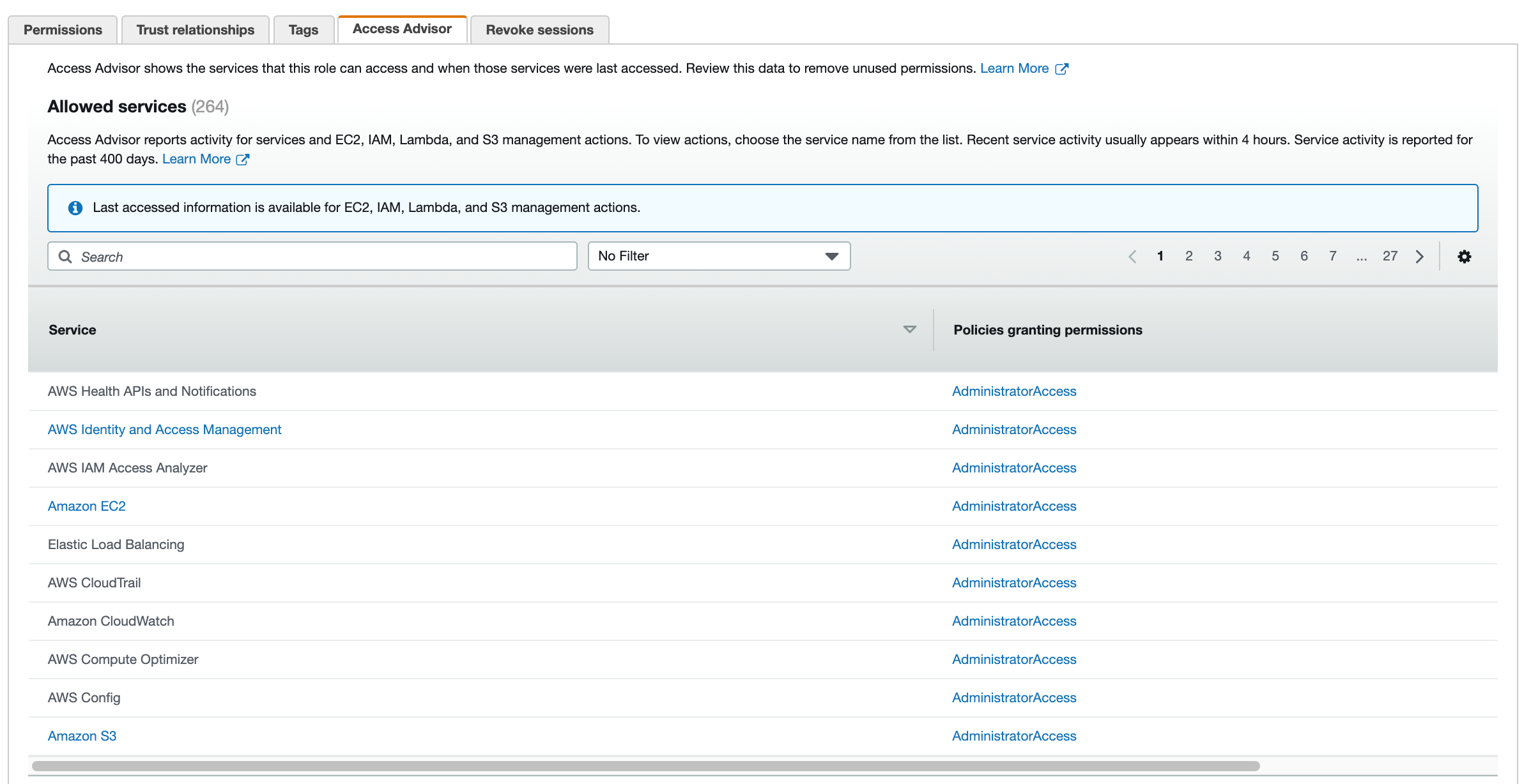 Figure 1: Access Advisor tab – list of AWS services to which the role has permissions