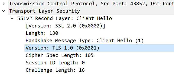 Figure 1: Wireshark packet capture showing that the client application only supports TLS 1.0