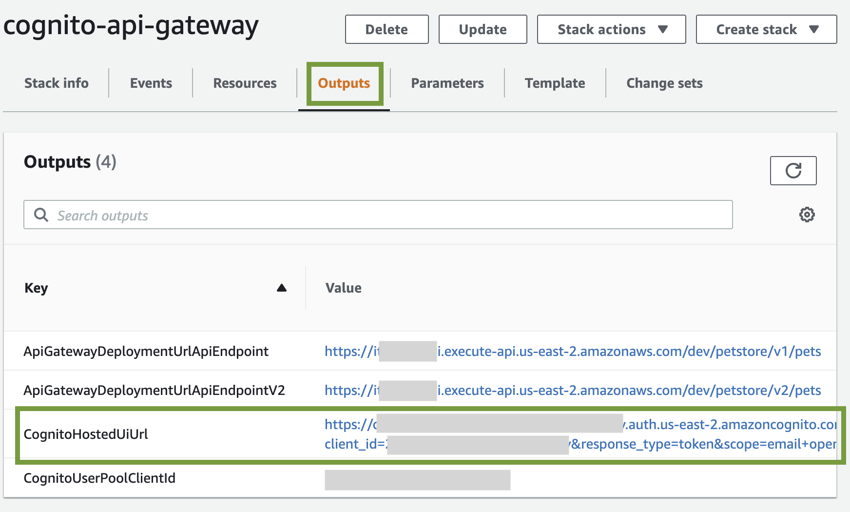 Figure 2: CloudFormation Outputs - CognitoHostedUiUrl