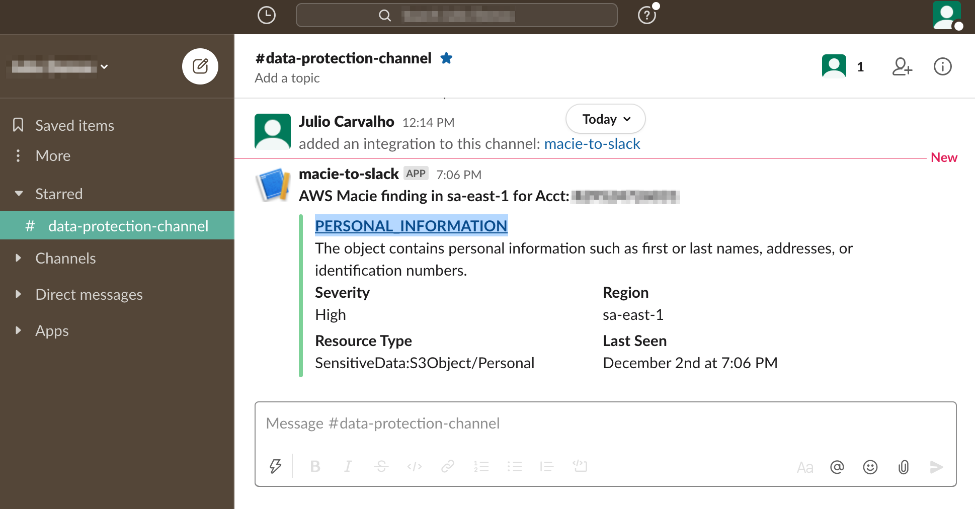 Figure 4: Macie finding delivered to Slack channel