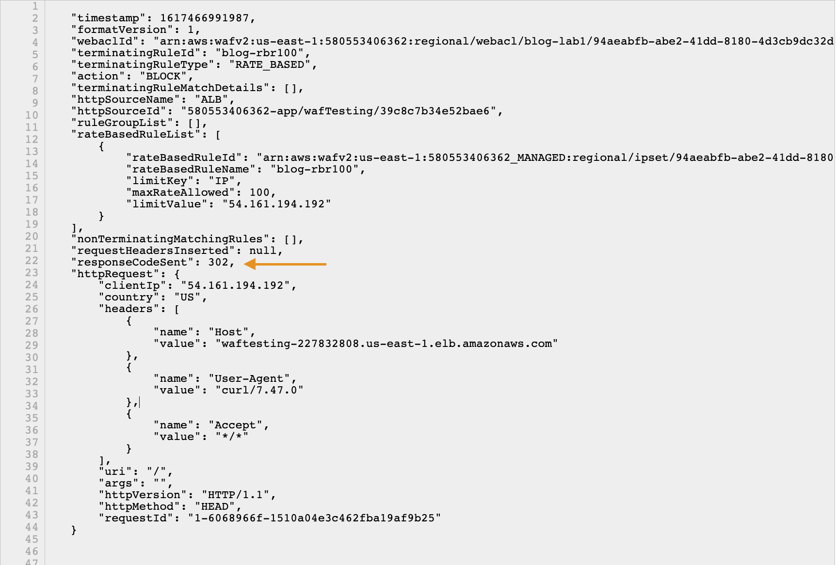 Figure 3: Verifying the AWS WAF logs for custom response