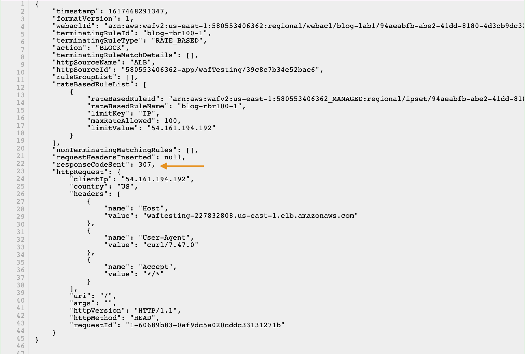 Figure 7: Verifying responseCodeSent in the AWS WAF logs