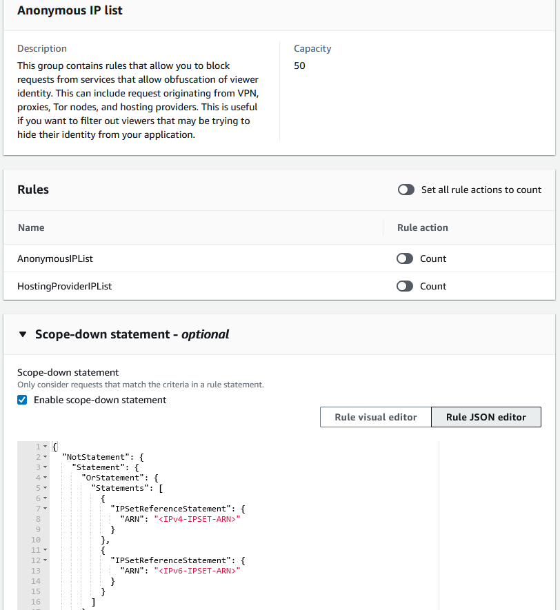 Figure 3: AWSManagedRulesAnonymousIpList scope-down statement