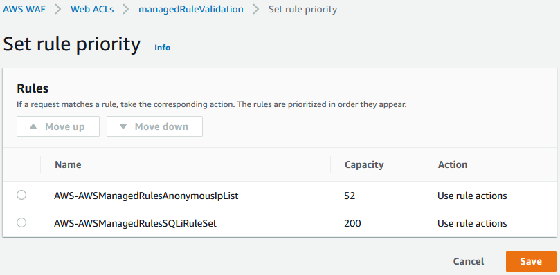 Figure 4: Example with suggested use of AWS WAF web ACL priority