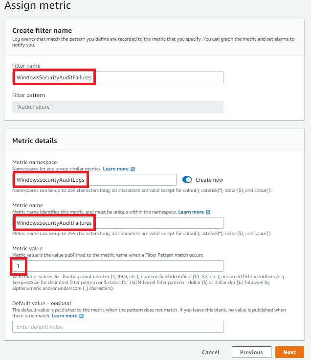 Figure 5: Create a CloudWatch metric filter