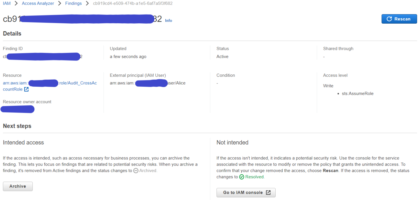 Figure 1: Sample IAM Access Analyzer finding in AWS Console