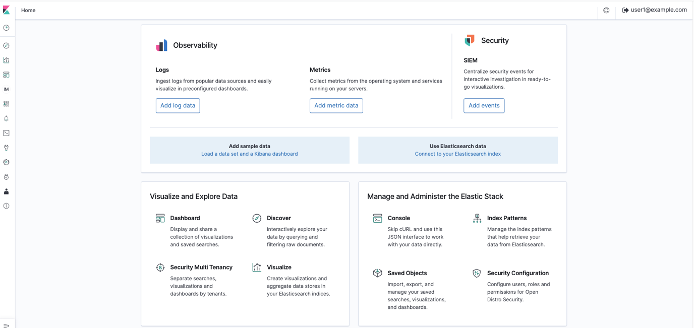 Figure 18: The AD FS user user1@example.com is successfully logged in to Kibana