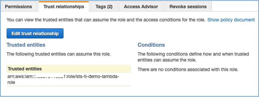 Figure 5: The assumeRole-tenant1 Trust relationships tab