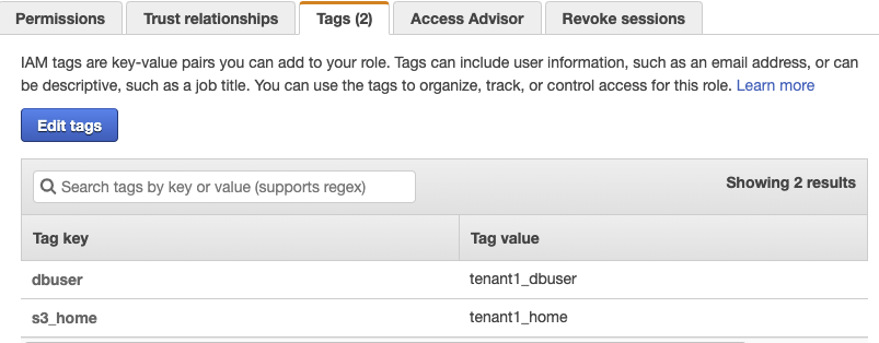 Figure 6: The assumeRole-tenant1 Tags tab