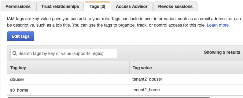 Figure 7: The assumeRole-tenant2 Tags tab