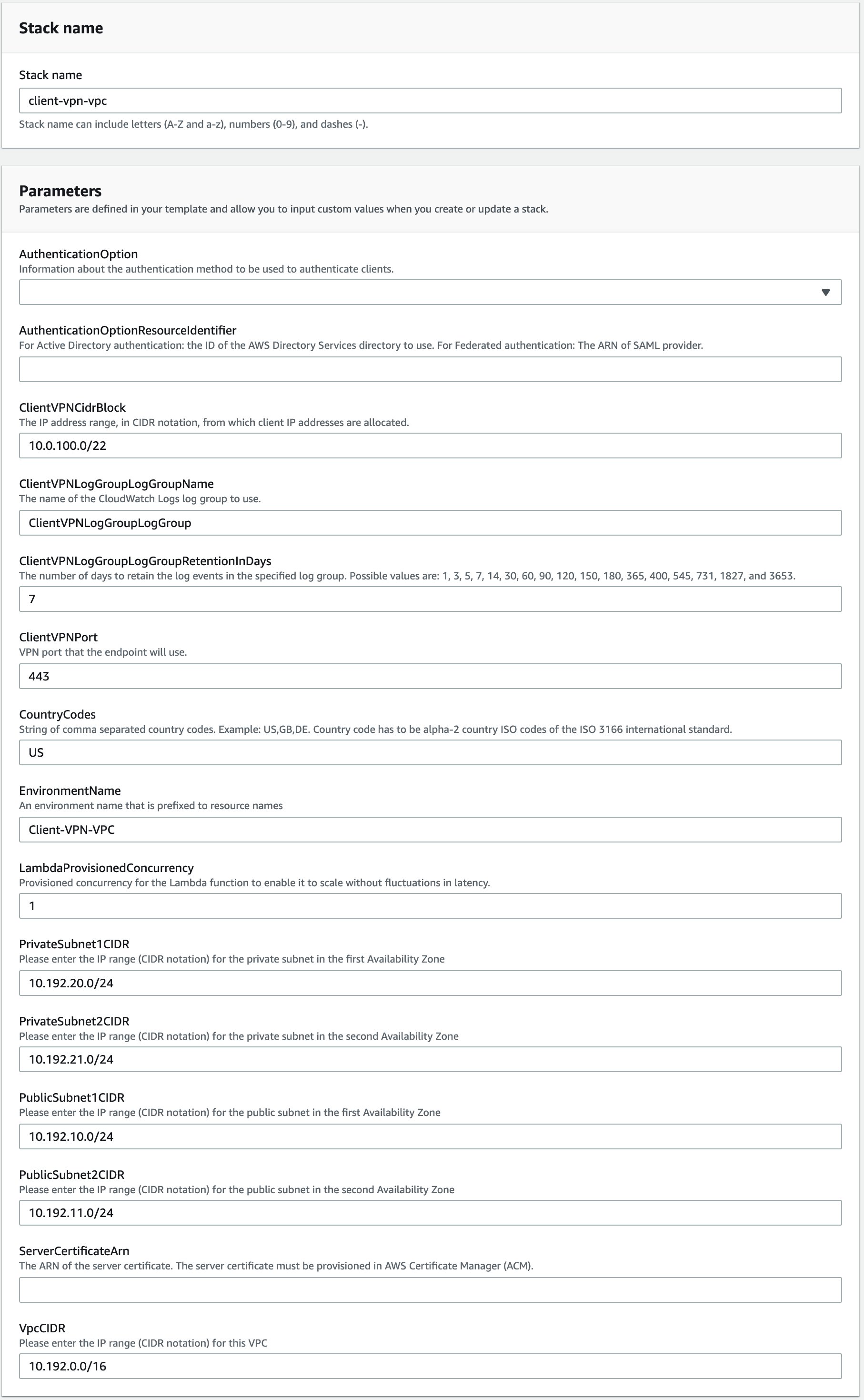 Figure 3: CloudFormation stack parameters