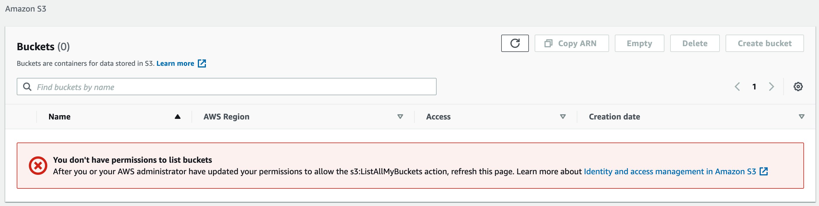 Figure 9: Amazon S3 service console view – the user is disconnected from AWS Client VPN 