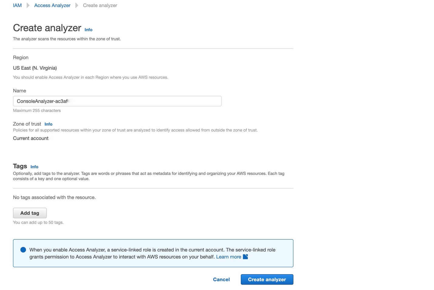 Figure 1: Creating IAM Access Analyzer and zone of trust