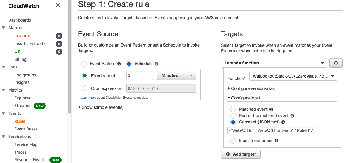 Figure 10: Creating a CloudWatch Events rule scheduled every 5 minutes