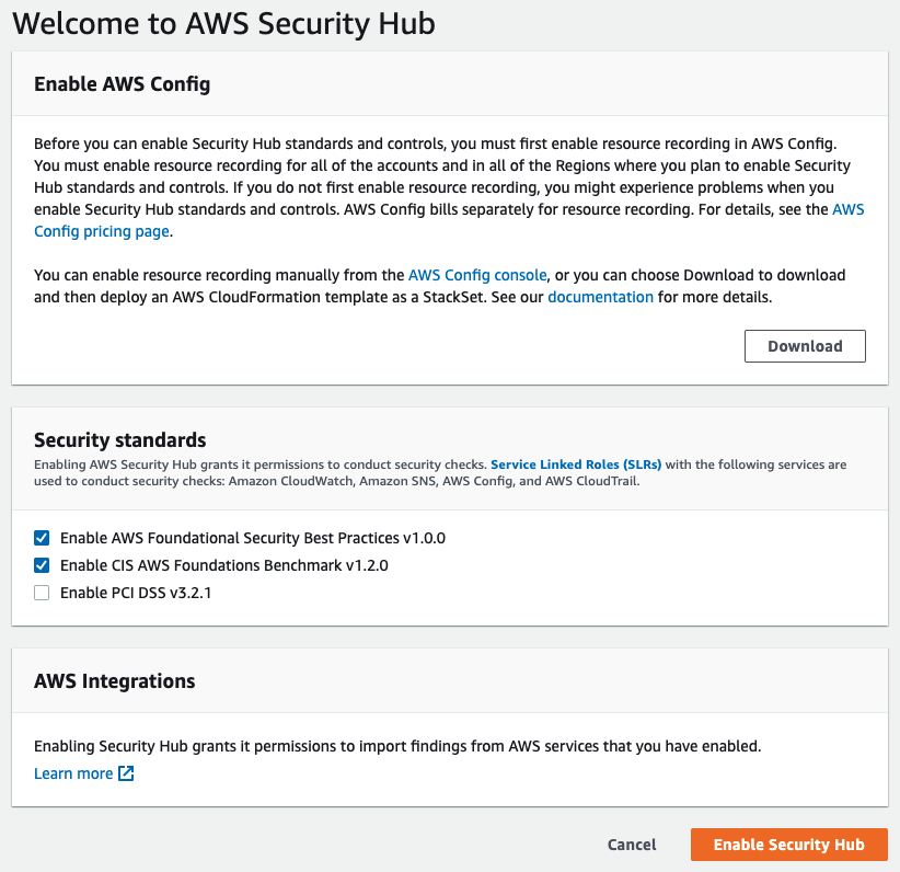 Figure 2: Manually enabling Security Hub in the AWS Management Console