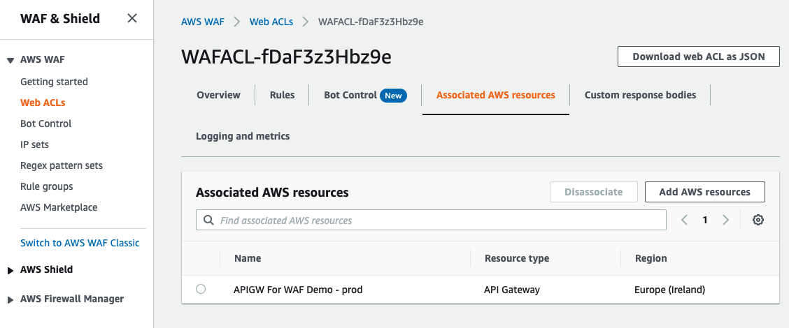 Figure 5: Associating the web ACL with the API