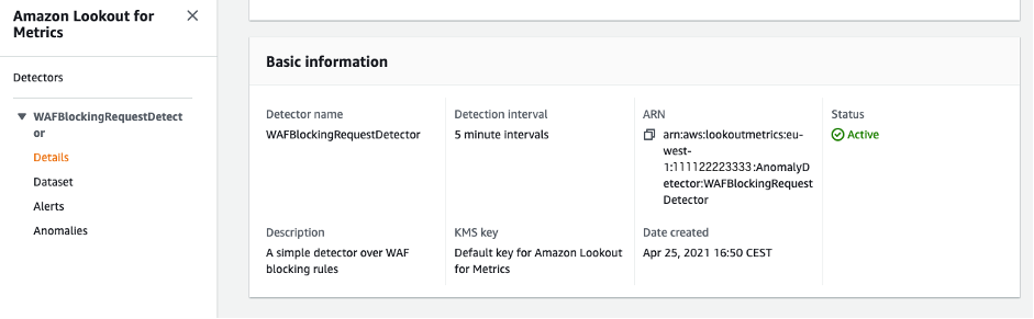 Figure 6: Creating an Amazon Lookout for Metrics detector