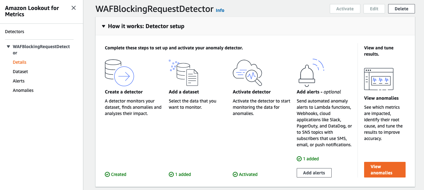 Figure 9: Activating the Amazon Lookout for Metrics detector