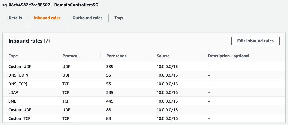 Figure 10: Domain controller security group inbound rules