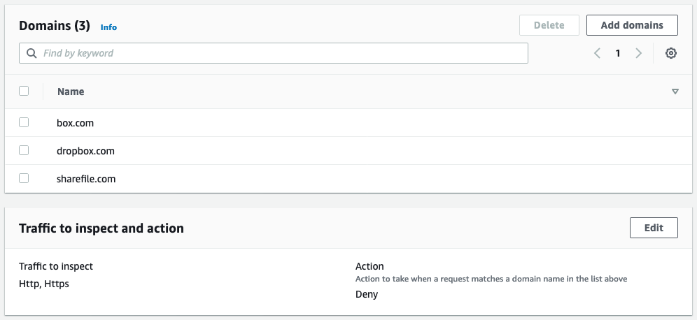 Figure 5: A domain list rule to block box.com, dropbox.com, and sharefile.com