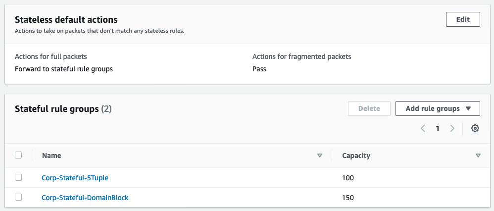 Figure 6: Stateful rule groups attached to a firewall policy