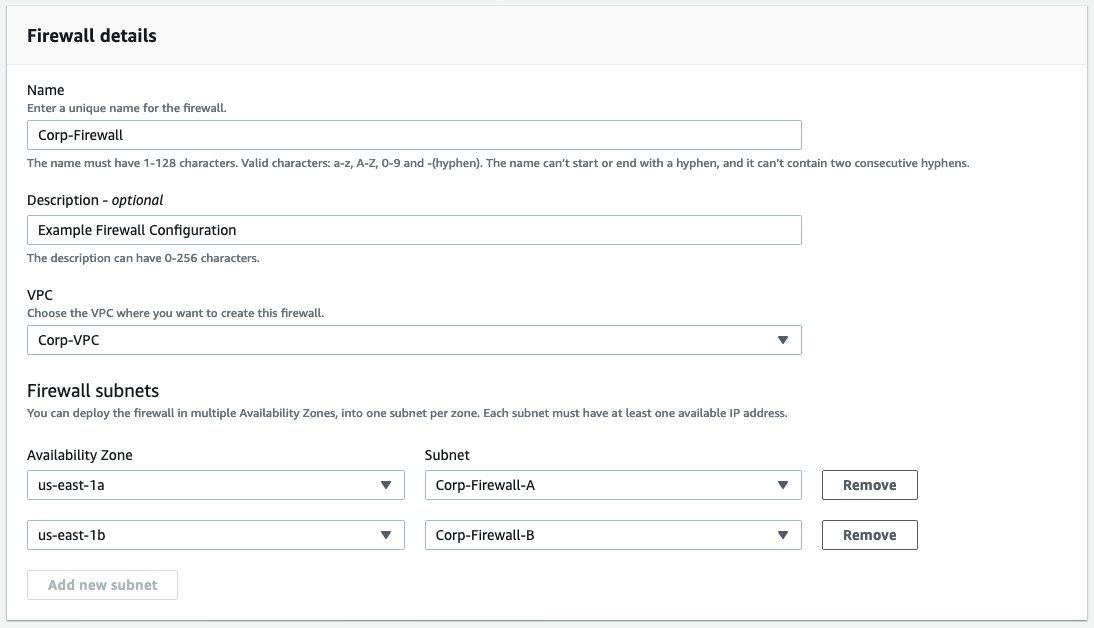 Figure 7: A network firewall configuration that includes multiple subnets