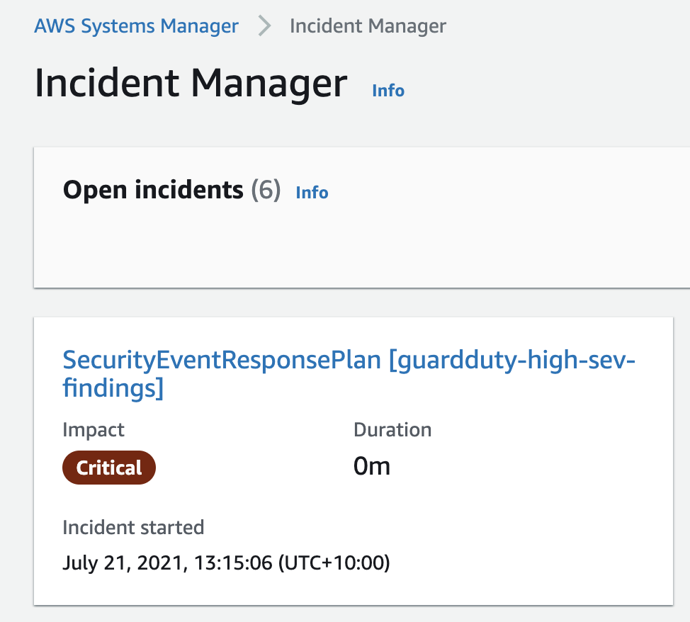 Figure 6: Incident Manager open incident for GuardDuty high severity finding