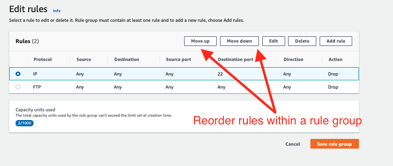 Figure 2: Modify the order of the rules within a stateful rule groups