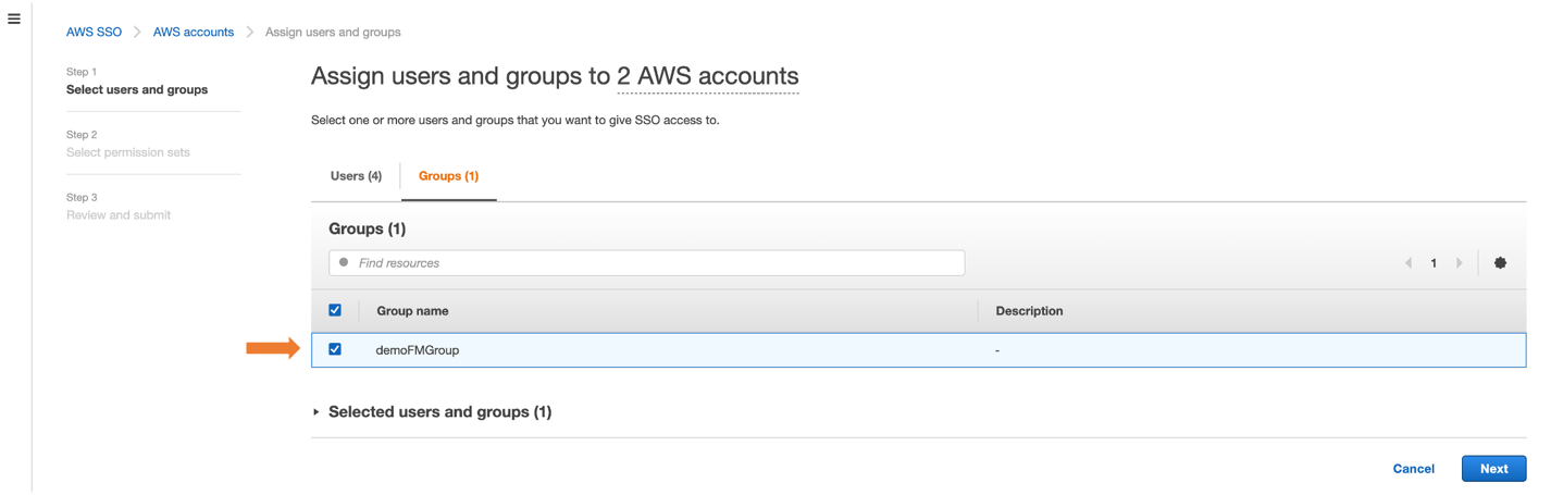 Figure 4: Assigning group to AWS accounts