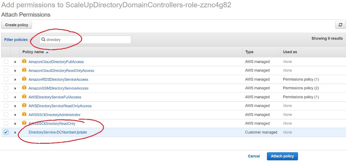 Figure 10. Select and attach the IAM policy