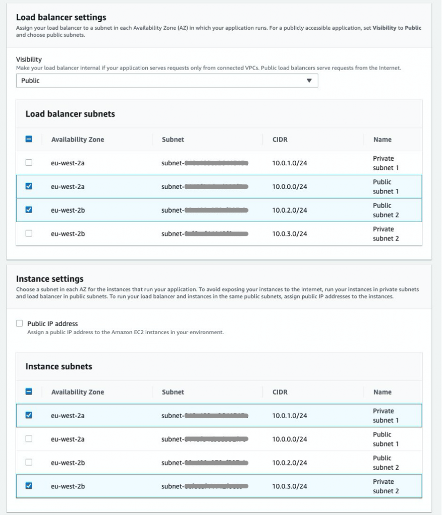 Figure 4: Elastic Beanstalk subnet settings for Load Balancer and instances