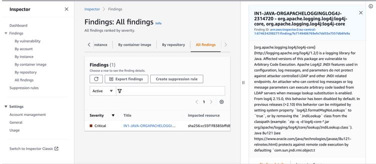 Figure 2. Log4j finding in the Inspector console