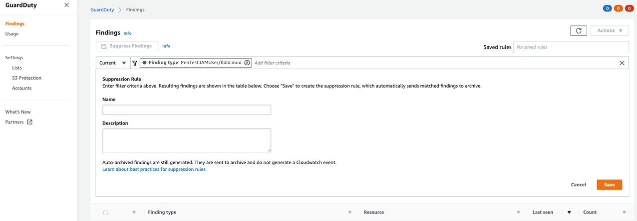 Figure 2. Creating GuardDuty suppression rules