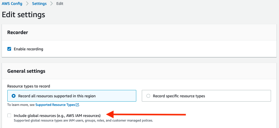 Figure 3. AWS Config global resource setting