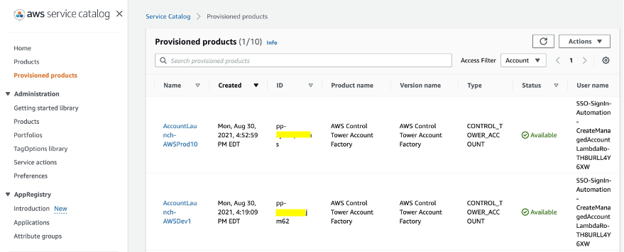 Figure 11: AWS Service Catalog provisioned products for AWS account creation