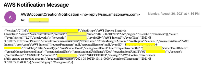 Figure 12: AWS email notification when account creation completes