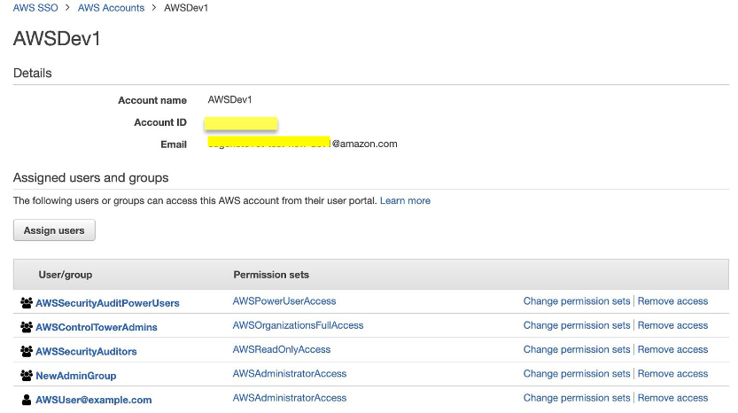 Figure 13: New AWS account showing user groups with permission sets assigned