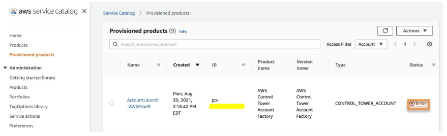 Figure 14: AWS Service Catalog provisioned product with error