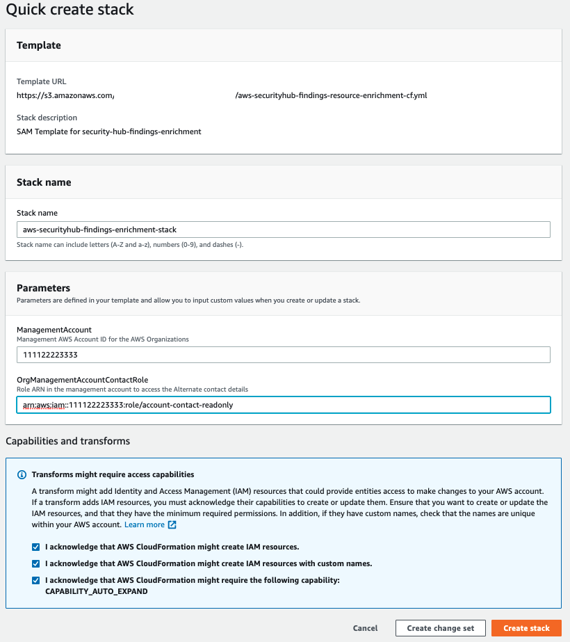 Figure 2: Quick Create CloudFormation stack for the Solution