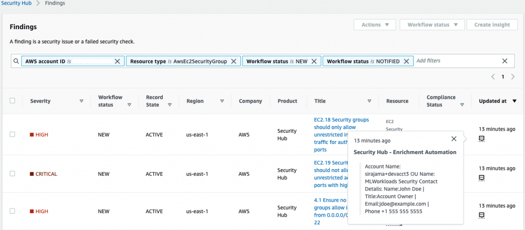 Figure 4: Account metadata enrichment in Security Hub finding’s Note field